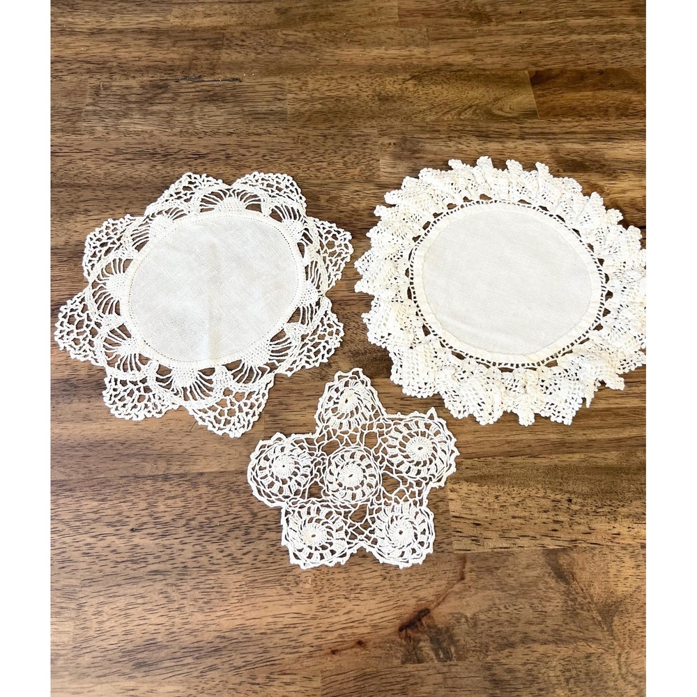 Three vintage lace doilies linen crochet off white‎ cottagecore grandmacore
